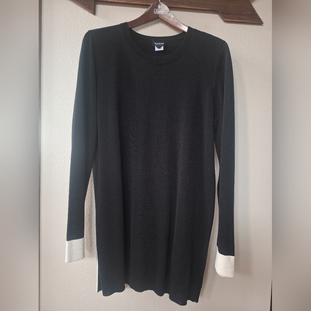 Worth New York Black W/White Cuffs Knit Tunic Sweater Dress Womens Size M